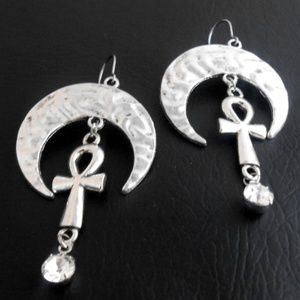 Ankh, Swarovski, and Crescent Moon Boho Earrings